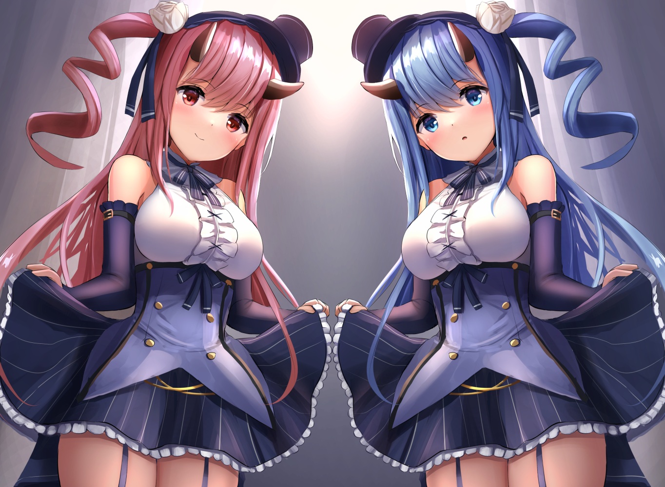 2girls, anthropomorphism, azur_lane, blue_hair, dress, garter_belt, hat, horns
