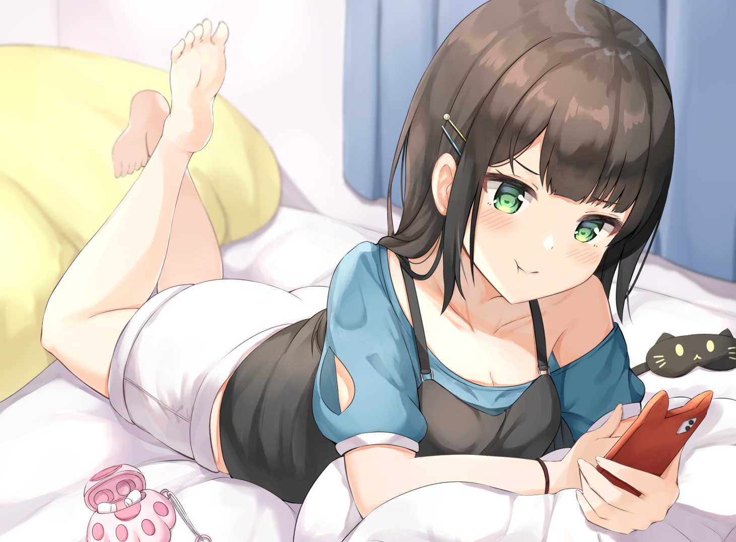 ass, barefoot, bed, blush, brown_hair, green_eyes, keiran_(ryo170), long_hair, original, phone, shorts