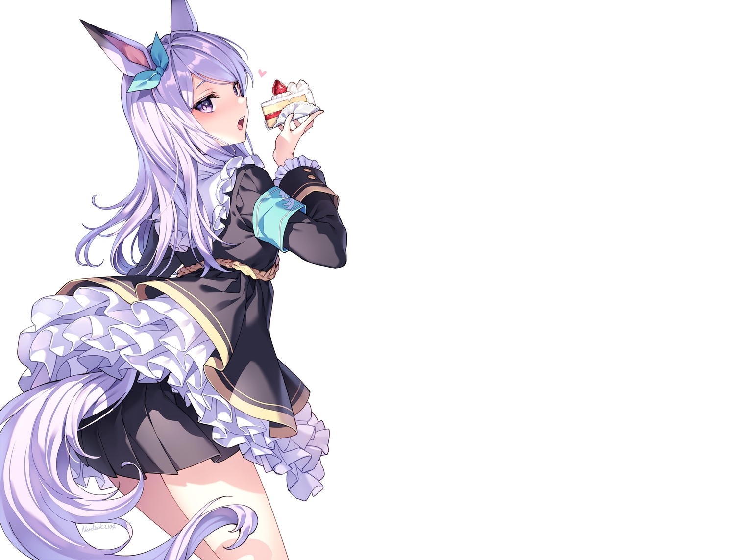 animal_ears, anthropomorphism, blush, bow, cake, food, fruit, long_hair