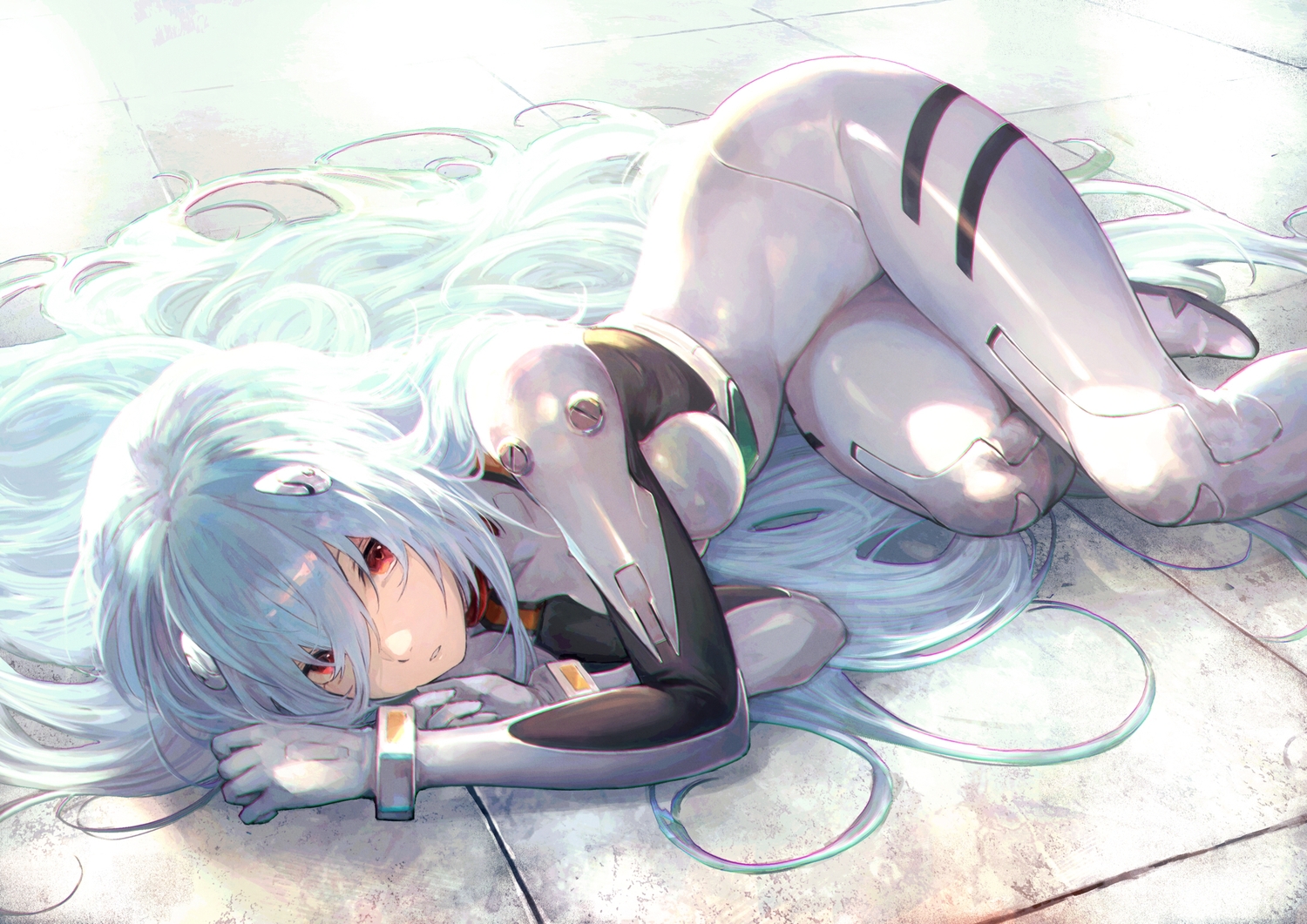 ayanami_rei, blue_hair, bodysuit, long_hair, neon_genesis_evangelion, red_eyes, shirataki_jiro