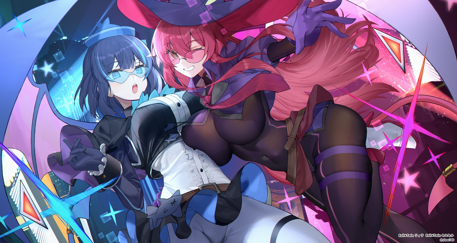 2girls, bodysuit, evil_twin_ki-sikil, evil_twin_lil-la, glasses, hat, long_hair, purple_hair