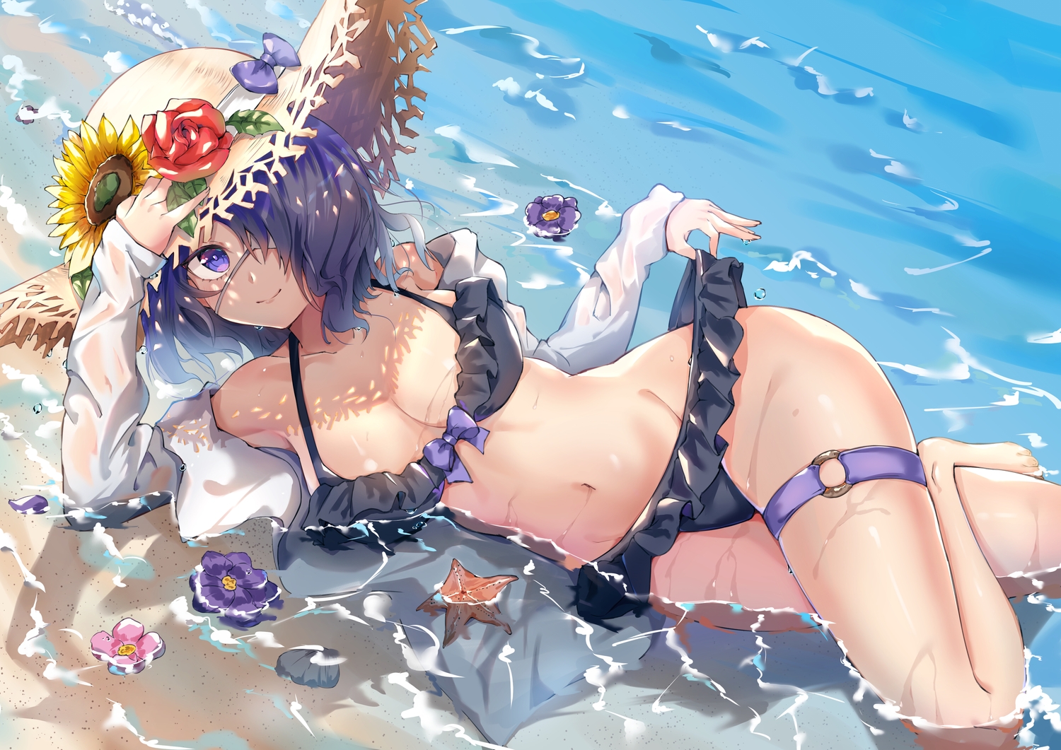arknights, beach, bikini, eyepatch, flowers, garter, hat, lankuchashuangjielong, short_hair, swimsuit, water, whisperain_(arknights)