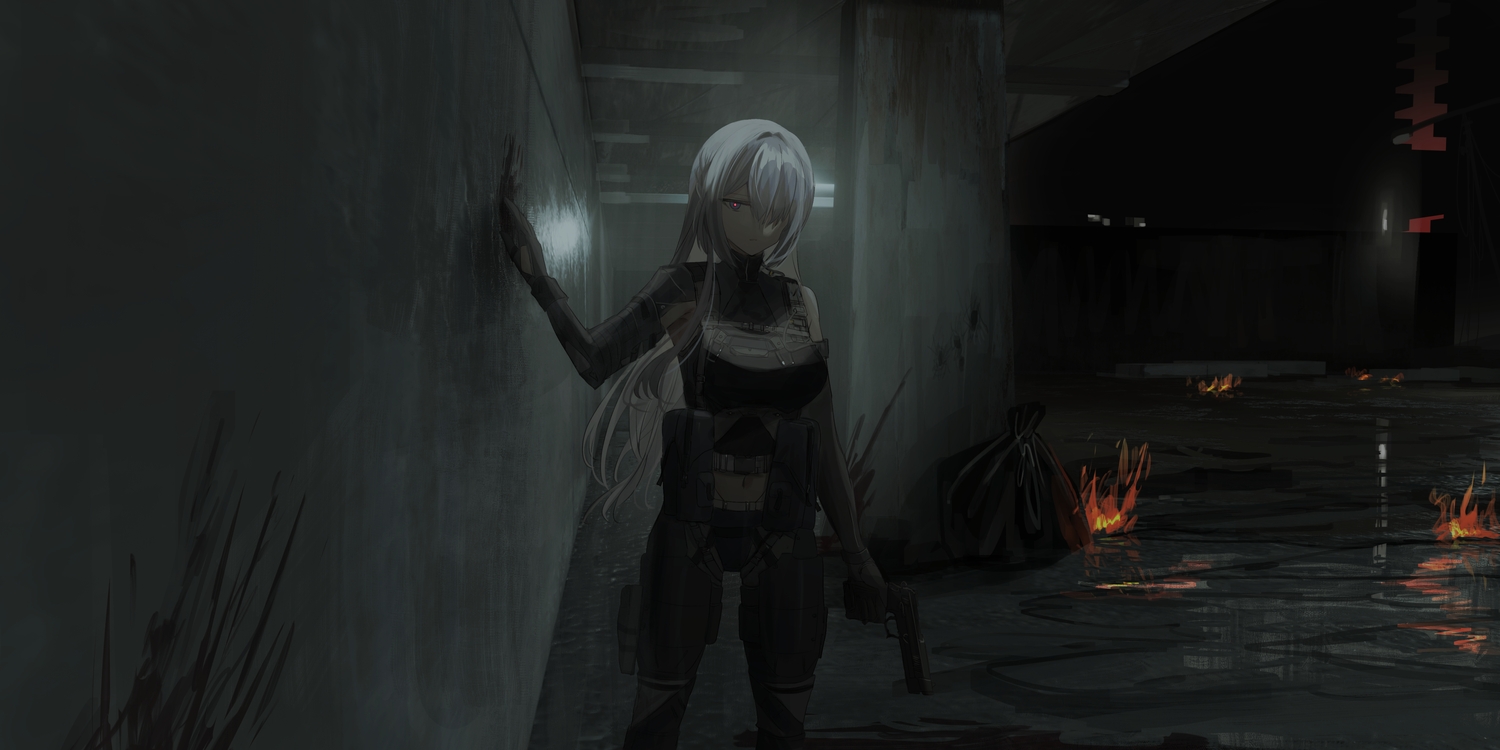 ak15_(girls_frontline), anthropomorphism, armor, blue_eyes, chihuri405, dark, fire, girls_frontline, gloves, gray_hair, gun, long_hair, navel, weapon