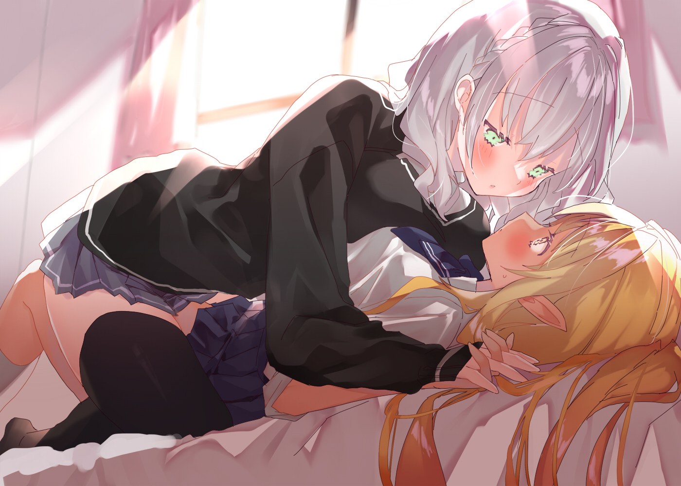 2girls, bed, blush, braids, brown_hair, gray_hair, hinamori_(18ar0), hololive, long_hair, pointed_ears, school_uniform, shiranui_flare, shirogane_noel, shoujo_ai, skirt, thighhighs