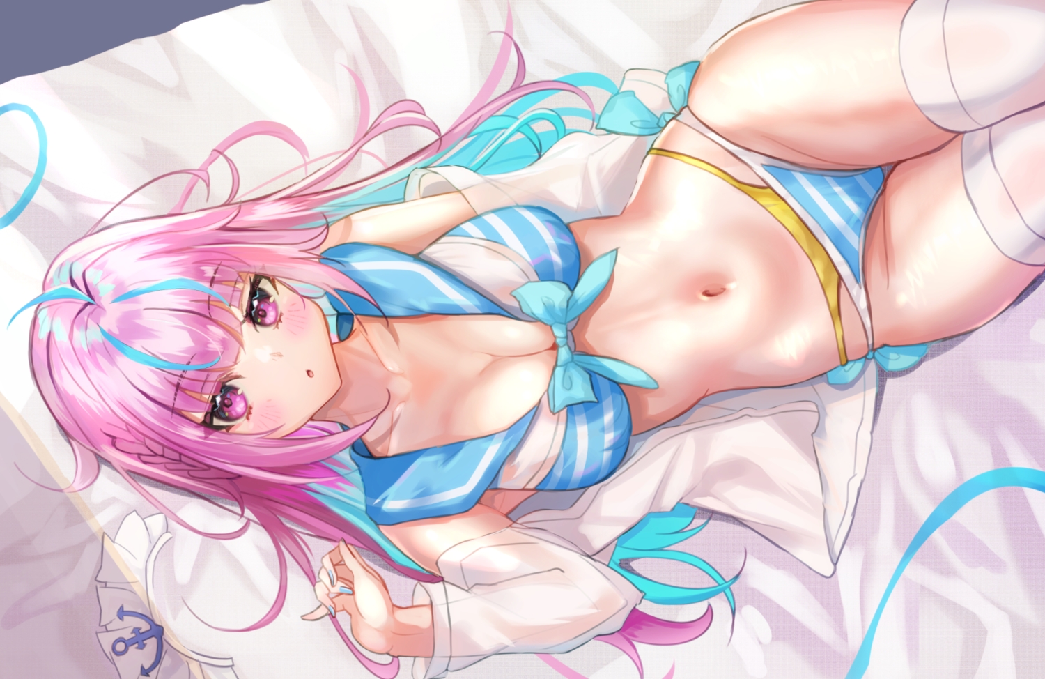 bed, bikini, hololive, long_hair, minato_aqua, panipo, pink_eyes, pink_hair