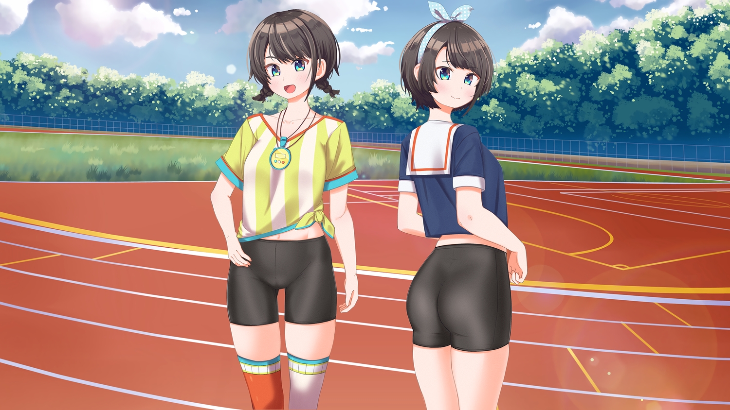 ass, bike_shorts, blue_eyes, braids, hololive, melonyogurt, oozora_subaru, shorts, thighhighs, third-party_edit