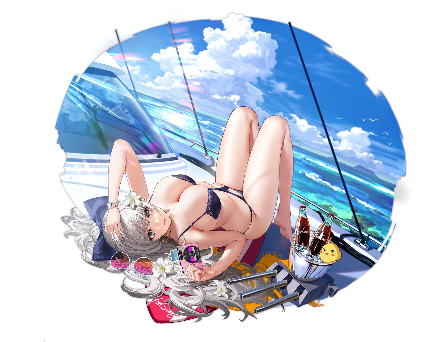 animal, anthropomorphism, azur_lane, barefoot, bikini, bird, camera, clouds, flowers, gray_hair, long_hair, manjuu_(azur_lane), sky, sunglasses, swimsuit, vittorio_veneto_(azur_lane), water, yunsang