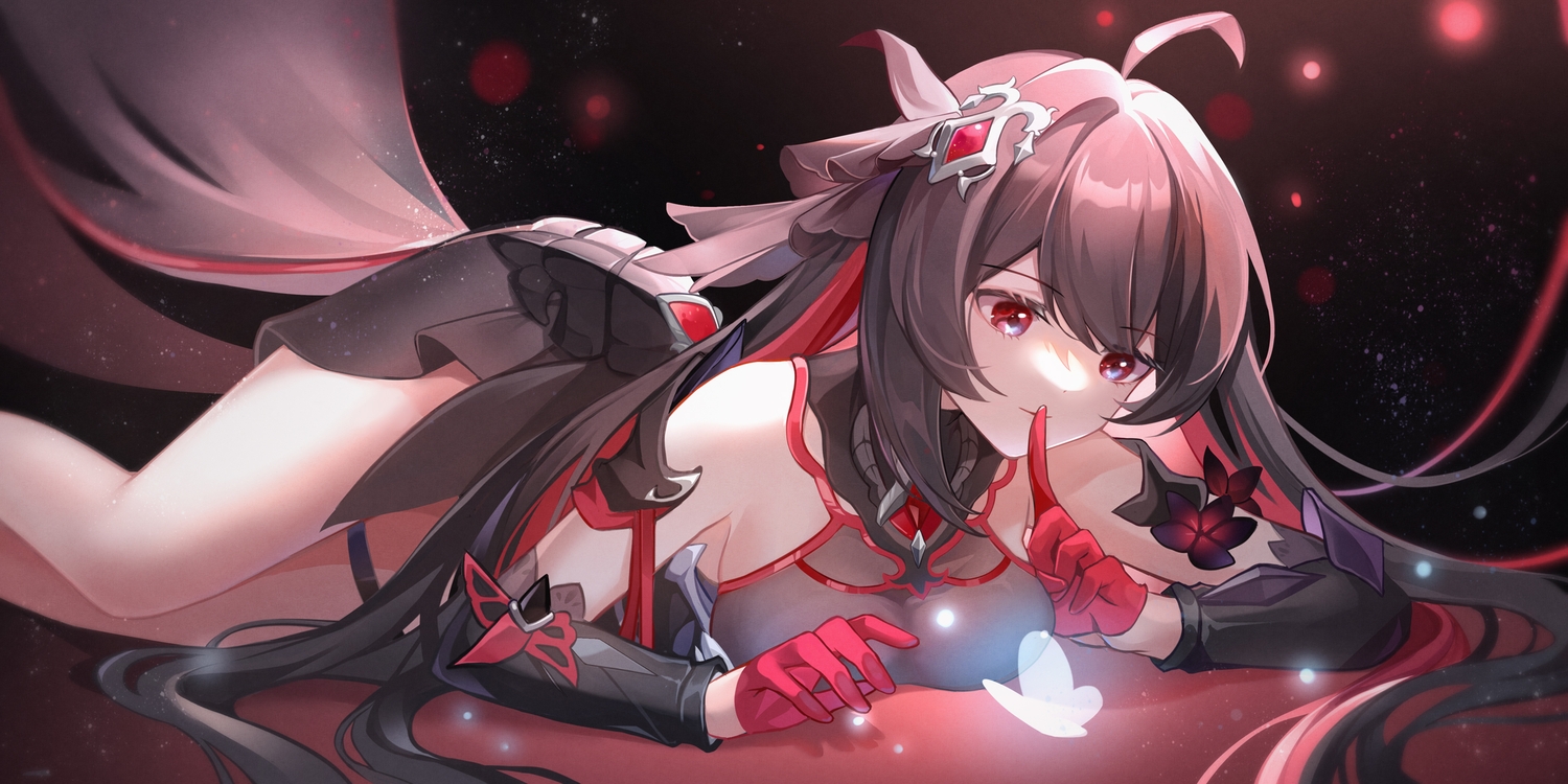 black_hair, gloves, gou_lianlian_dogface, honkai_impact, honkai_(series), polychromatic, red_eyes, seele_vollerei