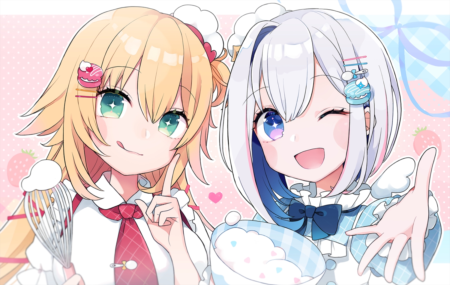 2girls, akai_haato, amane_kanata, blonde_hair, blue_eyes, bow, chon_(chon33v), close