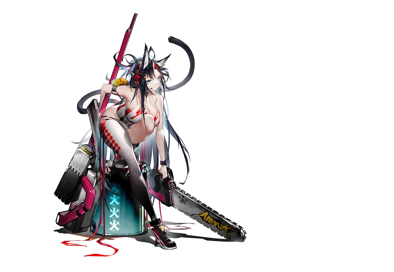 animal_ears, aqua_eyes, arknights, black_hair, blaze_(arknights), breasts, catgirl, chainsaw