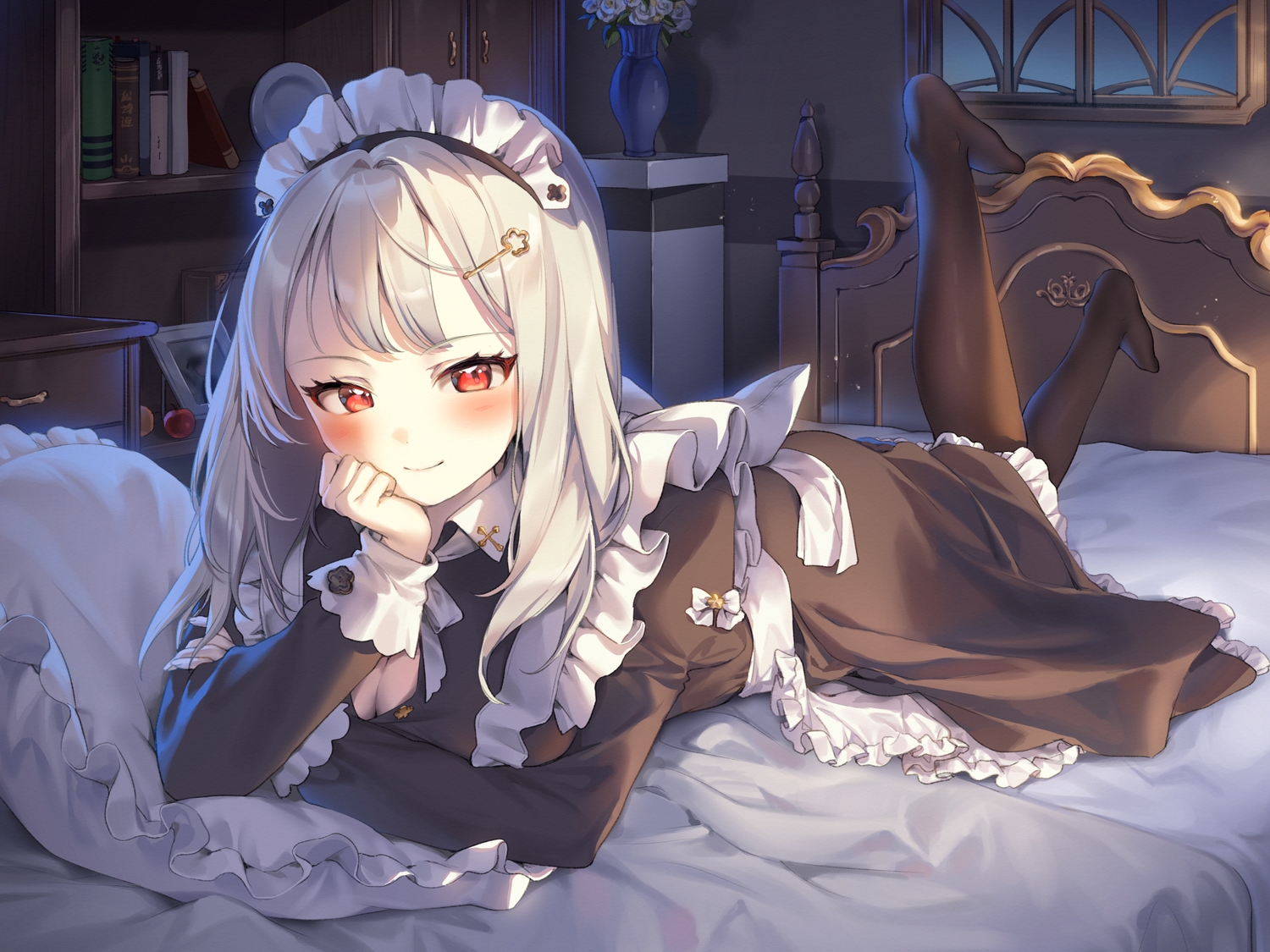 bed, blush, book, breasts, cleavage, gray_hair, hajin, headband