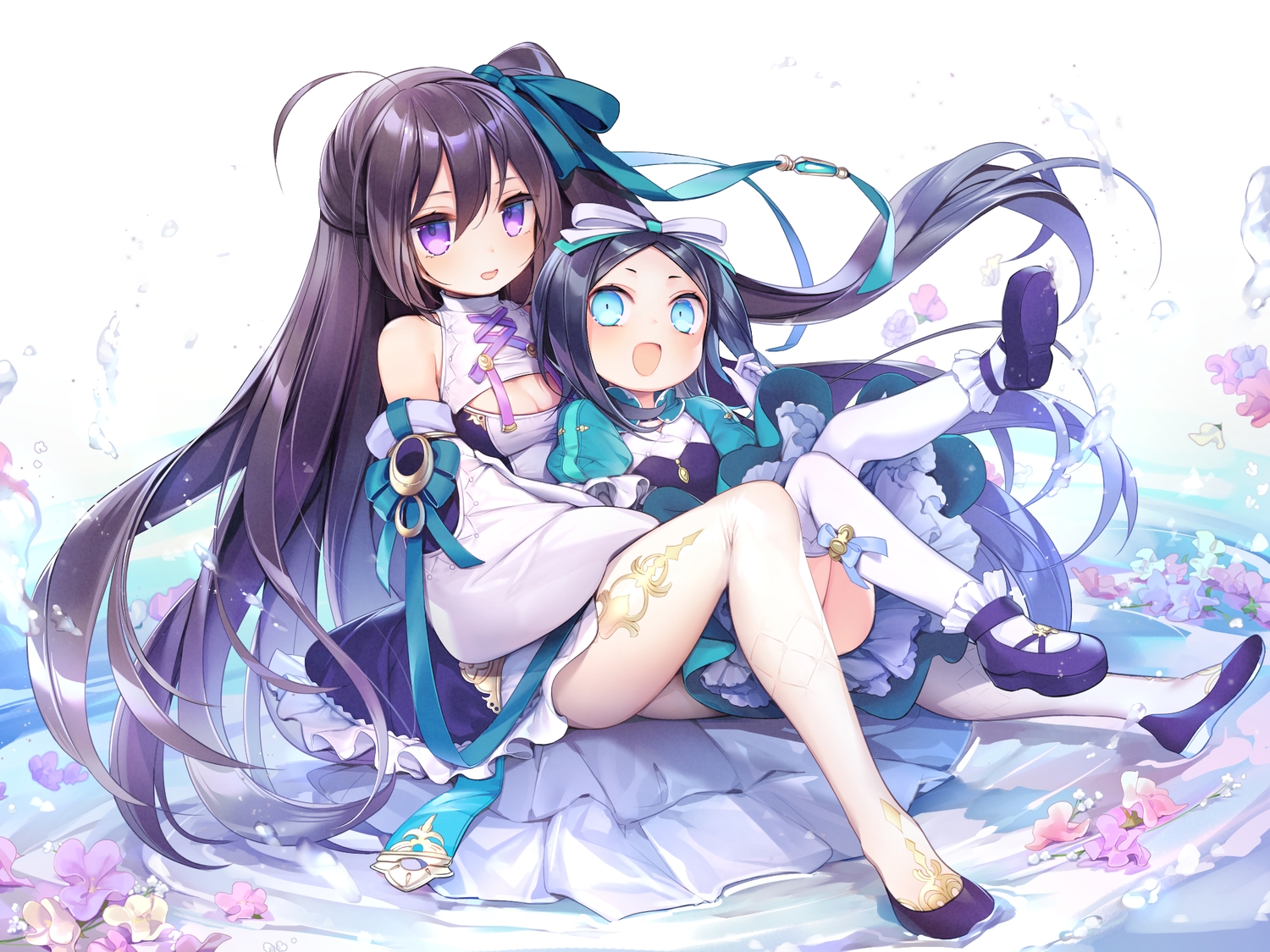 2girls, aqua_eyes, breasts, cleavage, dress, flowers, loli, long_hair
