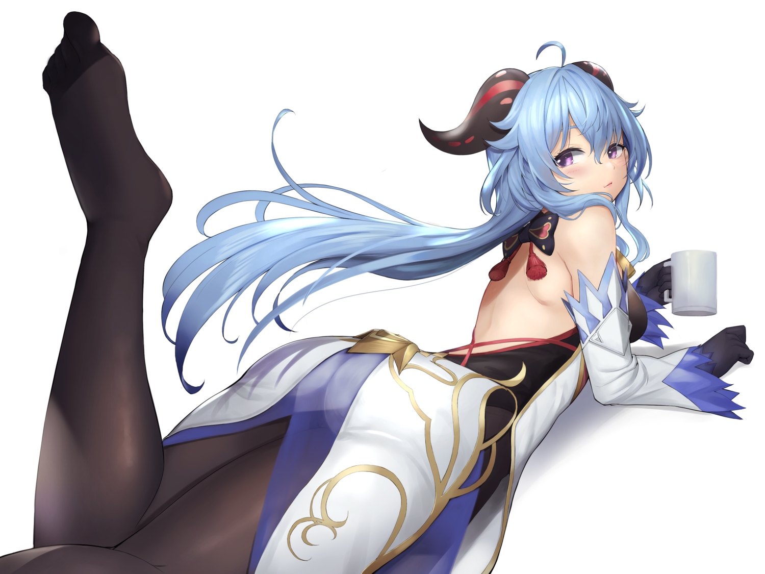 blue_hair, blush, drink, ganyu_(genshin_impact), genshin_impact, gloves, horns, long_hair