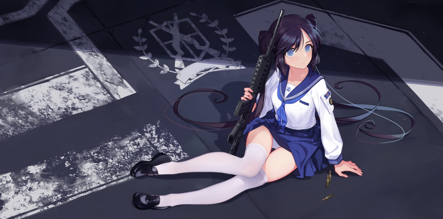 black_hair, blue_eyes, cropped, gun, long_hair, original, panties, qianhui, school_uniform, skirt_lift, thighhighs, twintails, underwear, weapon