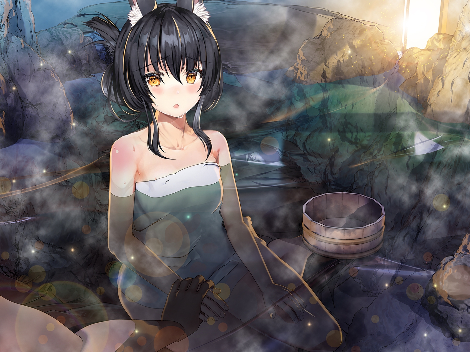 animal_ears, anthropomorphism, azur_lane, black_hair, foxgirl, nagato_(azur_lane), nude, onsen