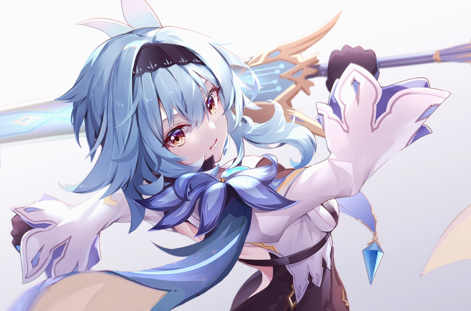 asc11, blue_hair, blush, brown_eyes, close, eula_lawrence, genshin_impact, gloves
