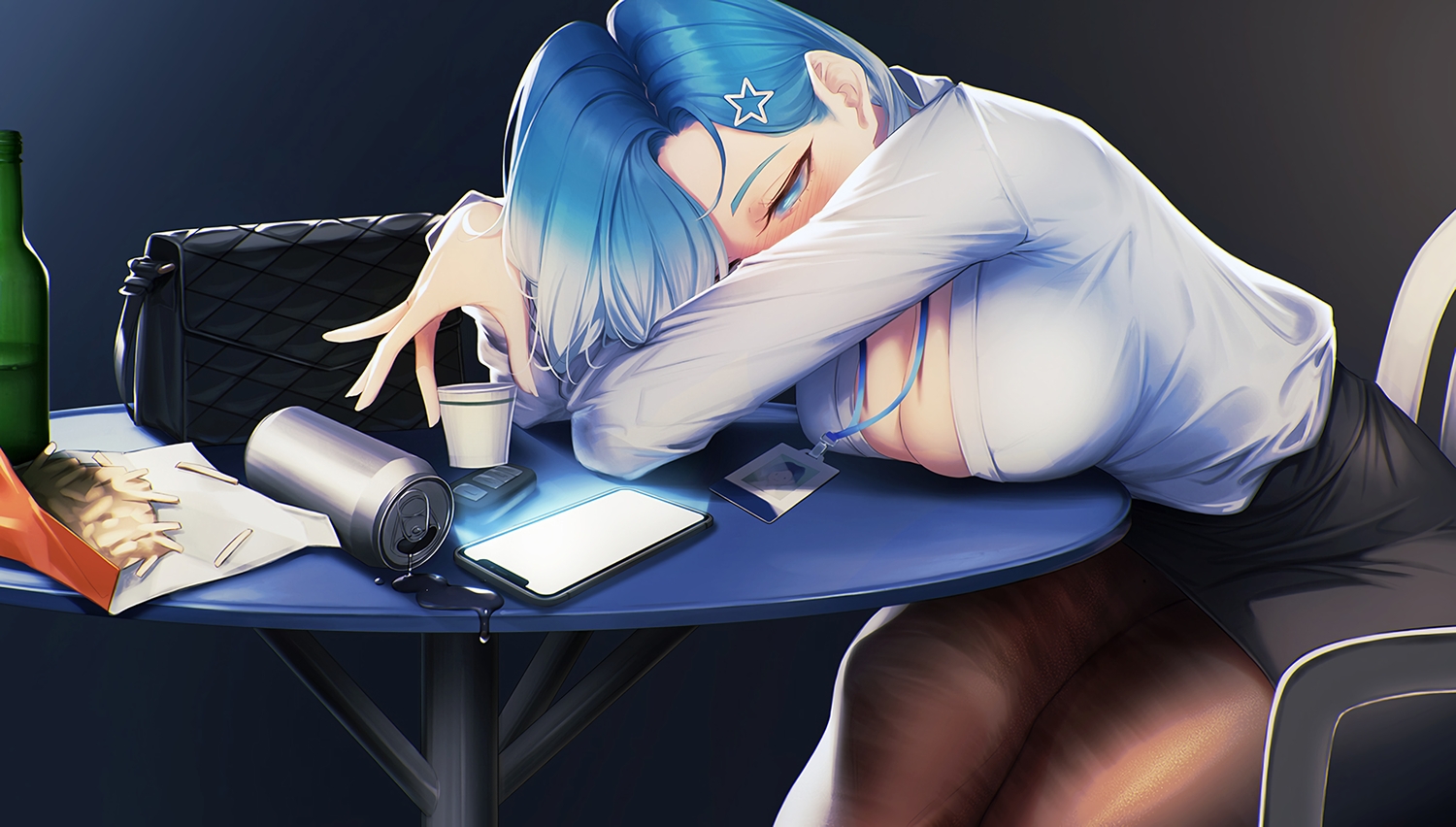 aqua_eyes, aqua_hair, blueorca, drink, food, long_hair, original, pantyhose