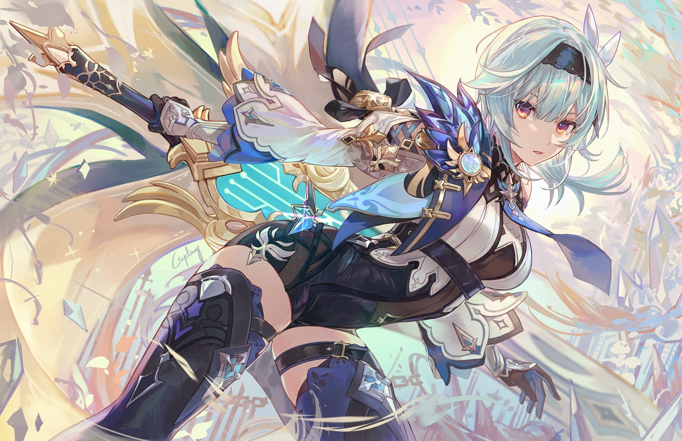 csyday, eula_lawrence, genshin_impact, gloves, headband, short_hair, signed, sword, weapon