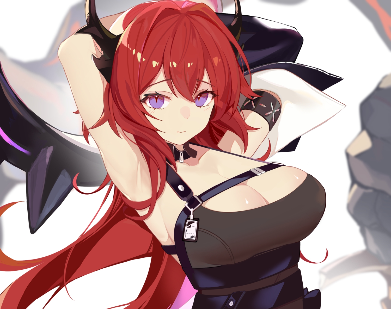 arknights, breasts, cleavage, cropped, horns, long_hair, meow_nyang, purple_eyes, red_hair, surtr_(arknights)