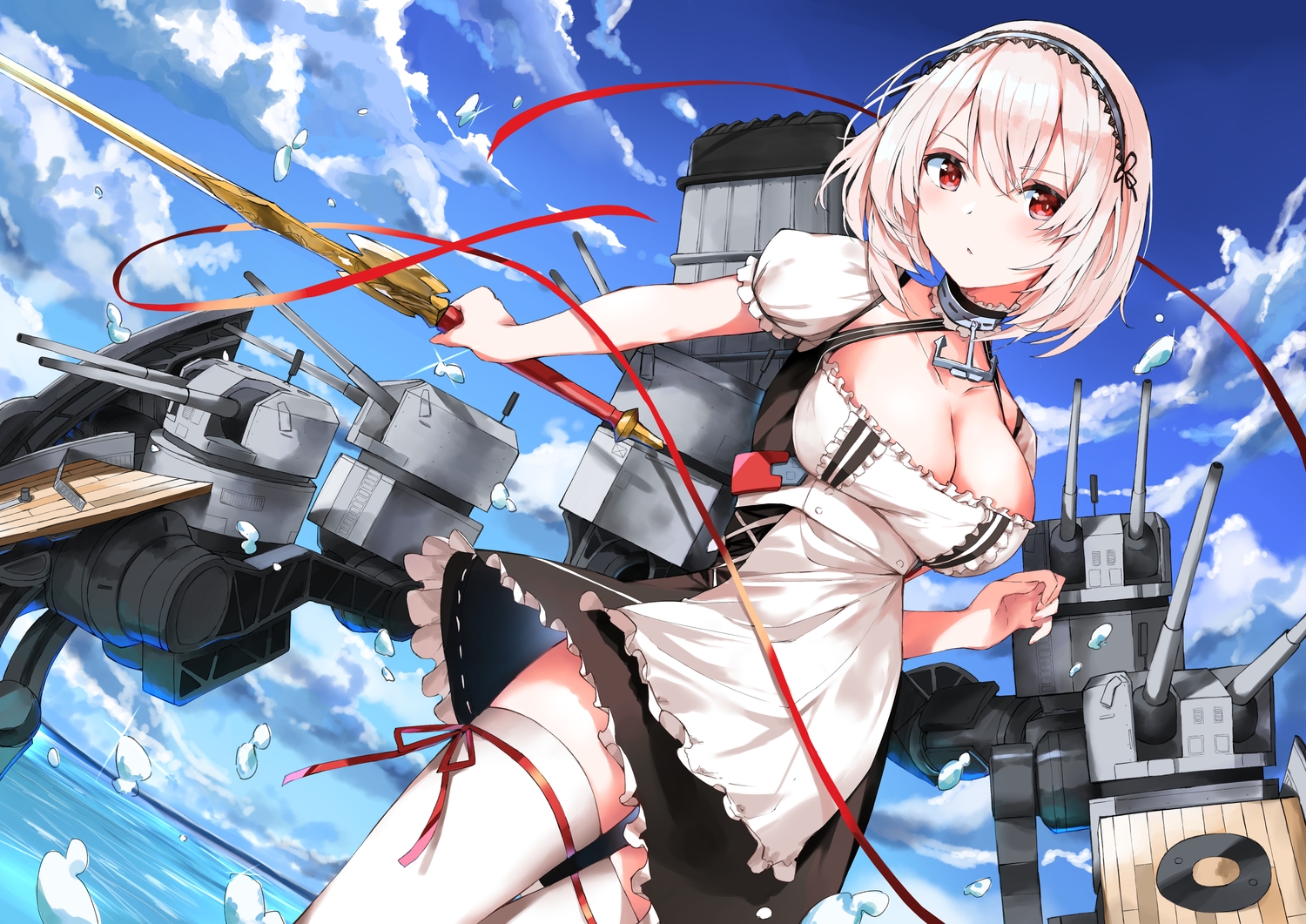 anthropomorphism, apron, azur_lane, clouds, maid, red_eyes, short_hair, sirius_(azur_lane), sky, sword, thighhighs, water, weapon, white_hair, yanagi_marie