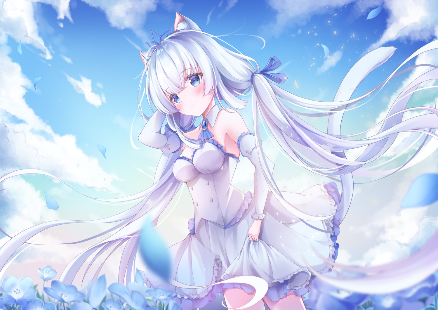 animal_ears, blue_eyes, catgirl, chucolala, clouds, dress, flowers, gray_hair, long_hair, nayuuchan, shirayuki_aria, sky, tail, twintails
