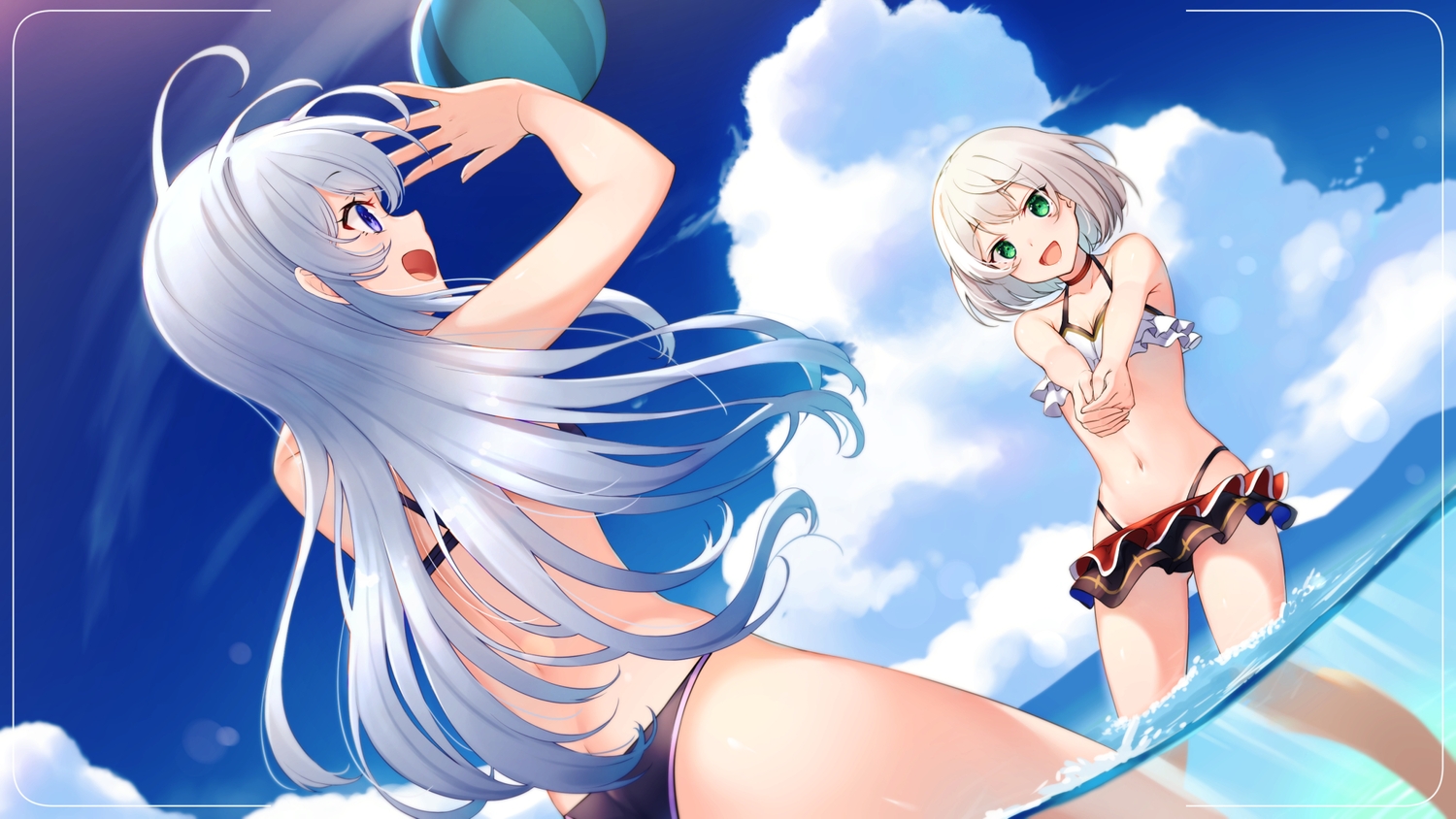 2girls, amnesia_(majo_no_tabitabi), ball, bikini, clouds, elaina_(majo_no_tabitabi), eliot_c_f, gray_hair, green_eyes, long_hair, majo_no_tabitabi, navel, purple_eyes, sky, swimsuit, water