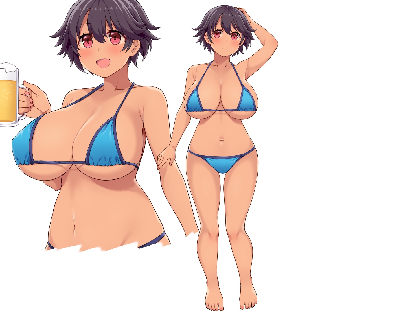 amane_hasuhito, barefoot, bikini, black_hair, breasts, cleavage, dark_skin, drink