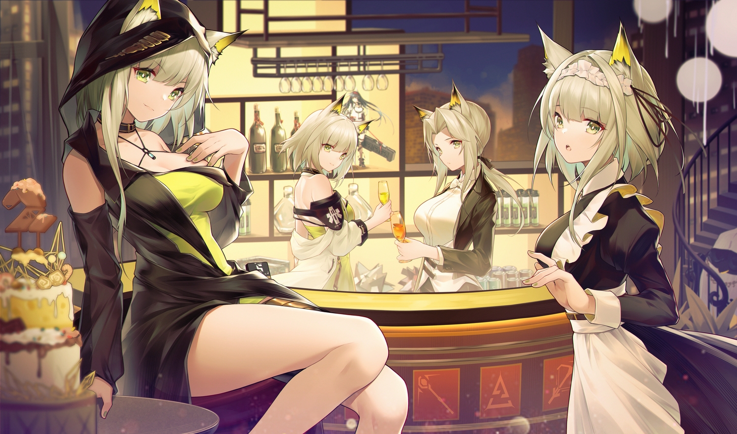 animal, animal_ears, arknights, bird, breasts, cake, catgirl, cleavage
