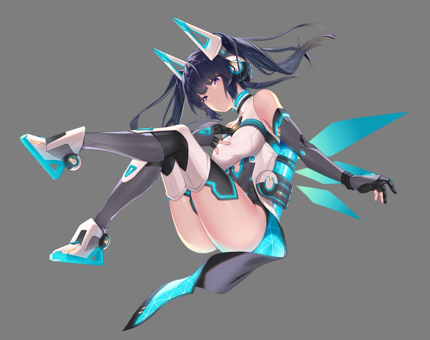 black_hair, elbow_gloves, gloves, kayase, long_hair, mechagirl, original, purple_eyes, transparent, twintails