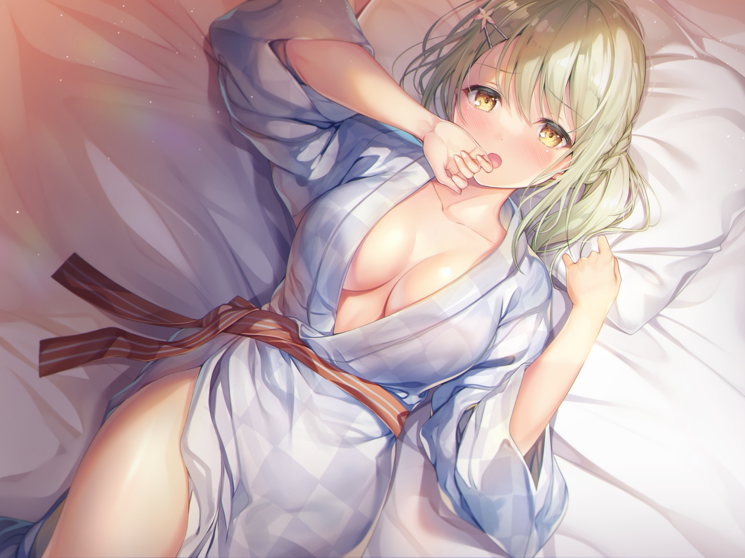 bed, blonde_hair, blush, braids, japanese_clothes, long_hair, nametakenoko, no_bra, original, yellow_eyes, yukata