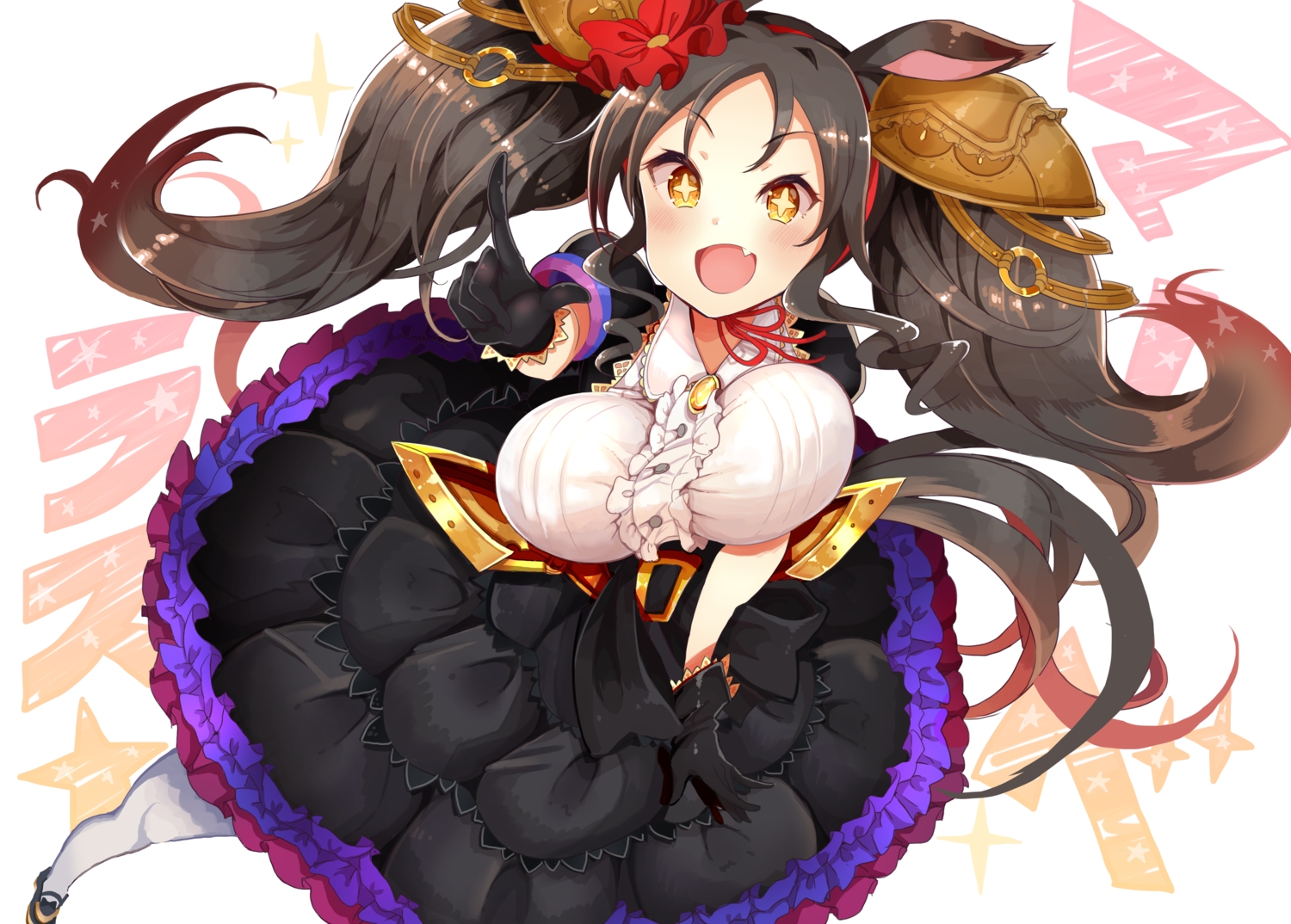 animal_ears, anthropomorphism, black_hair, blush, breasts, dress, fang, gloves, headdress, kuzu_kow, long_hair, marvelous_sunday_(umamusume), pantyhose, tail, twintails, uma_musume:_pretty_derby, yellow_eyes