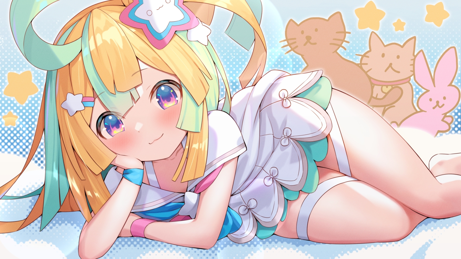 amakawa_hano, bettle_(b_s_a_n), blonde_hair, blush, cat_smile, dress, garter, purple_eyes