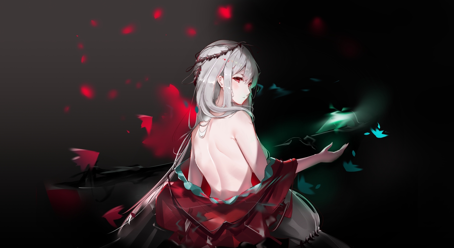 arknights, dark, gradient, gray_hair, headdress, long_hair, magic, no_bra, open_shirt, petals, red_eyes, scup, skadi_(arknights), staff, undressing