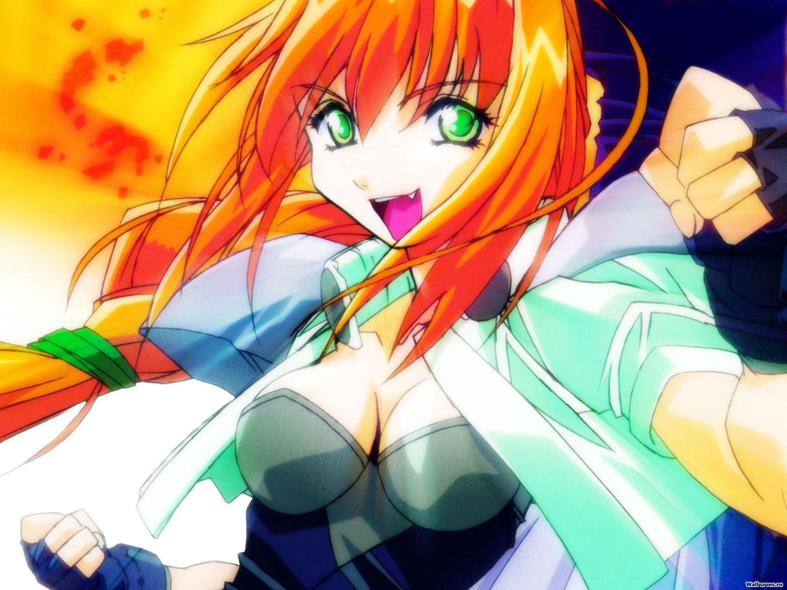 breasts, cleavage, excel, excel_saga, gloves, green_eyes, orange_hair