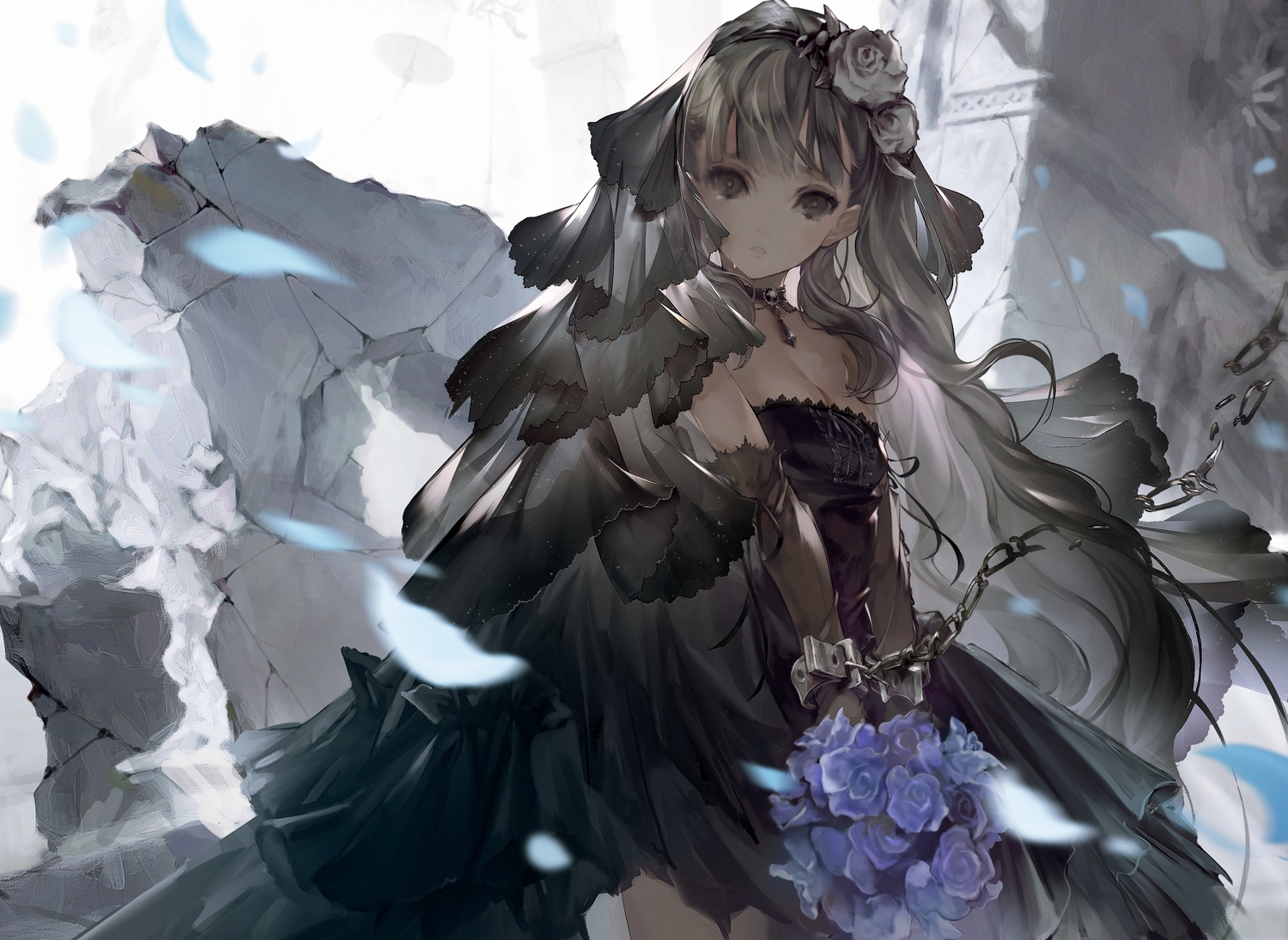 bondage, breasts, brown_eyes, brown_hair, chain, choker, cleavage, elbow_gloves
