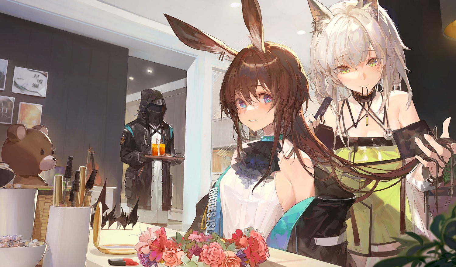 2girls, amiya_(arknights), animal_ears, arknights, brown_hair, bunny_ears, bunnygirl, catgirl