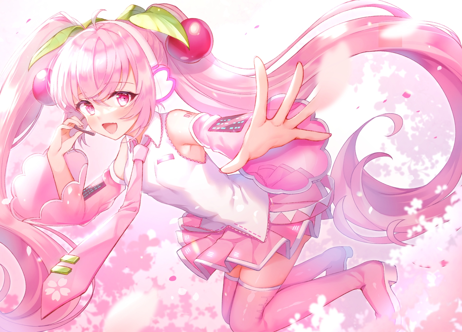 boots, cherry_blossoms, flowers, hatsune_miku, headphones, long_hair, lushuao, microphone