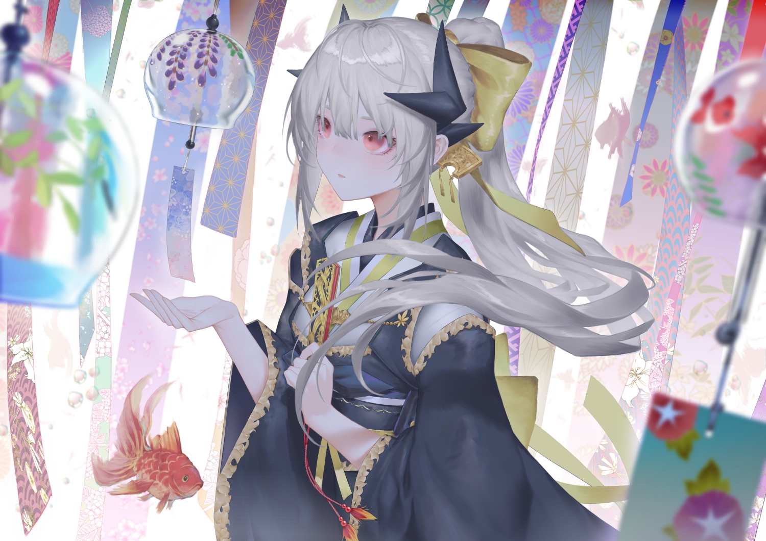 animal, bagus_casbon, fan, fate/grand_order, fate_(series), fish, gray_hair, horns
