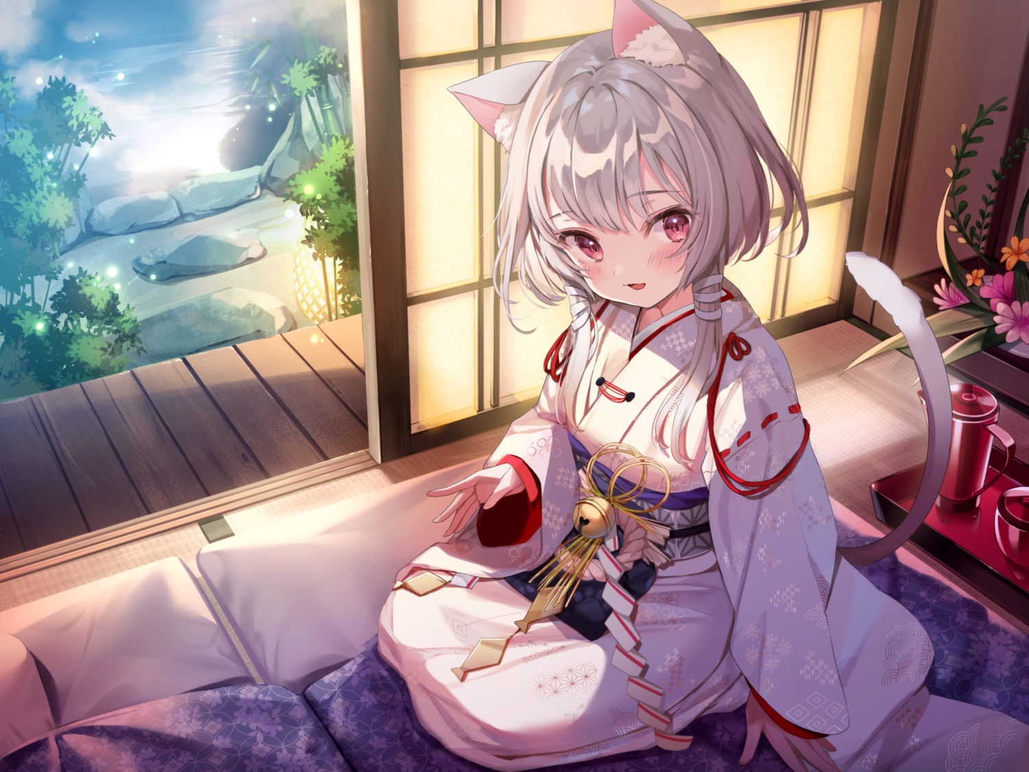animal_ears, bell, catgirl, flowers, gray_hair, japanese_clothes, kanda_done, original, tail, twintails, water
