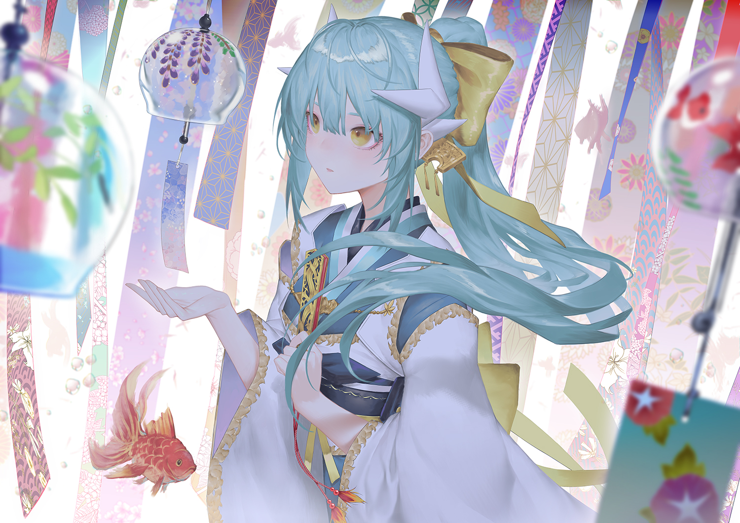 animal, bagus_casbon, fate/grand_order, fate_(series), fish, green_hair, horns, japanese_clothes, kiyohime_(fate/grand_order), long_hair, ponytail, yellow_eyes