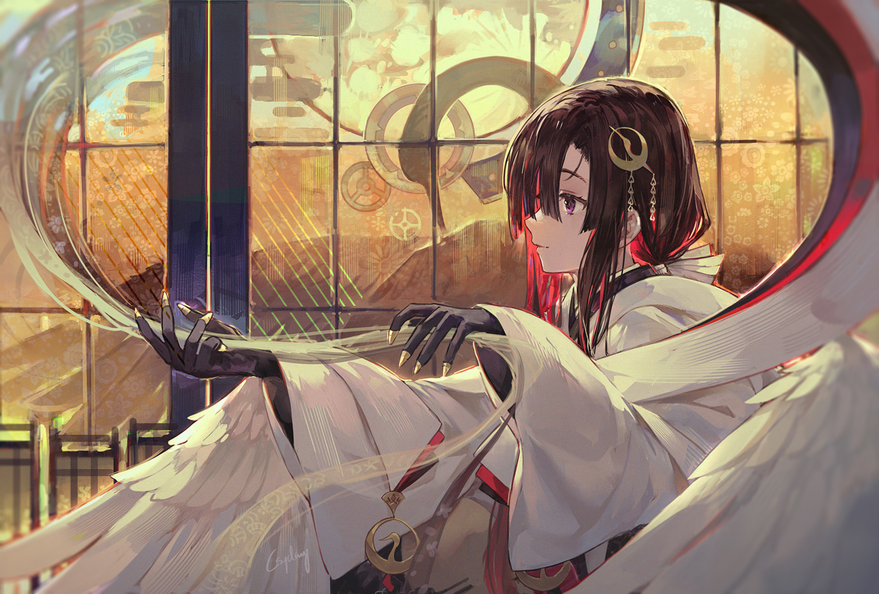 animal, bird, brown_hair, csyday, fate/grand_order, fate_(series), feathers, gloves