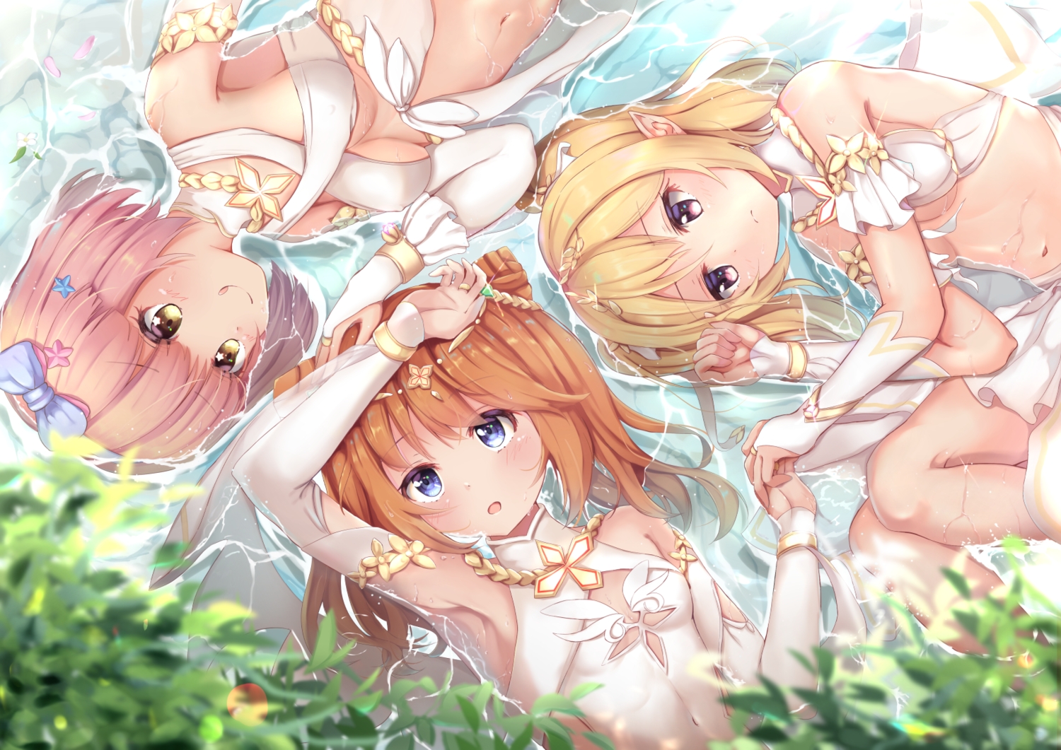 aliasing, blue_eyes, brown_hair, kazama_chieru, kuroe_hanako, navel, pointed_ears, princess_connect!