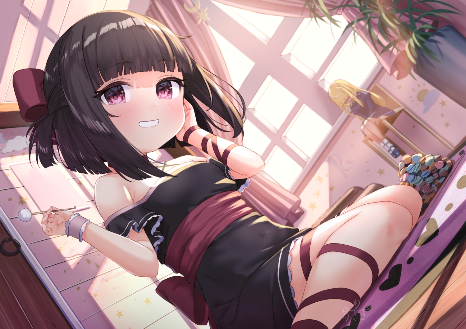 2girls, black_hair, blonde_hair, doll, dress, hotta_horiko, loli, purple_eyes, ribbons, short_hair, signed, tsukiman, wristwear