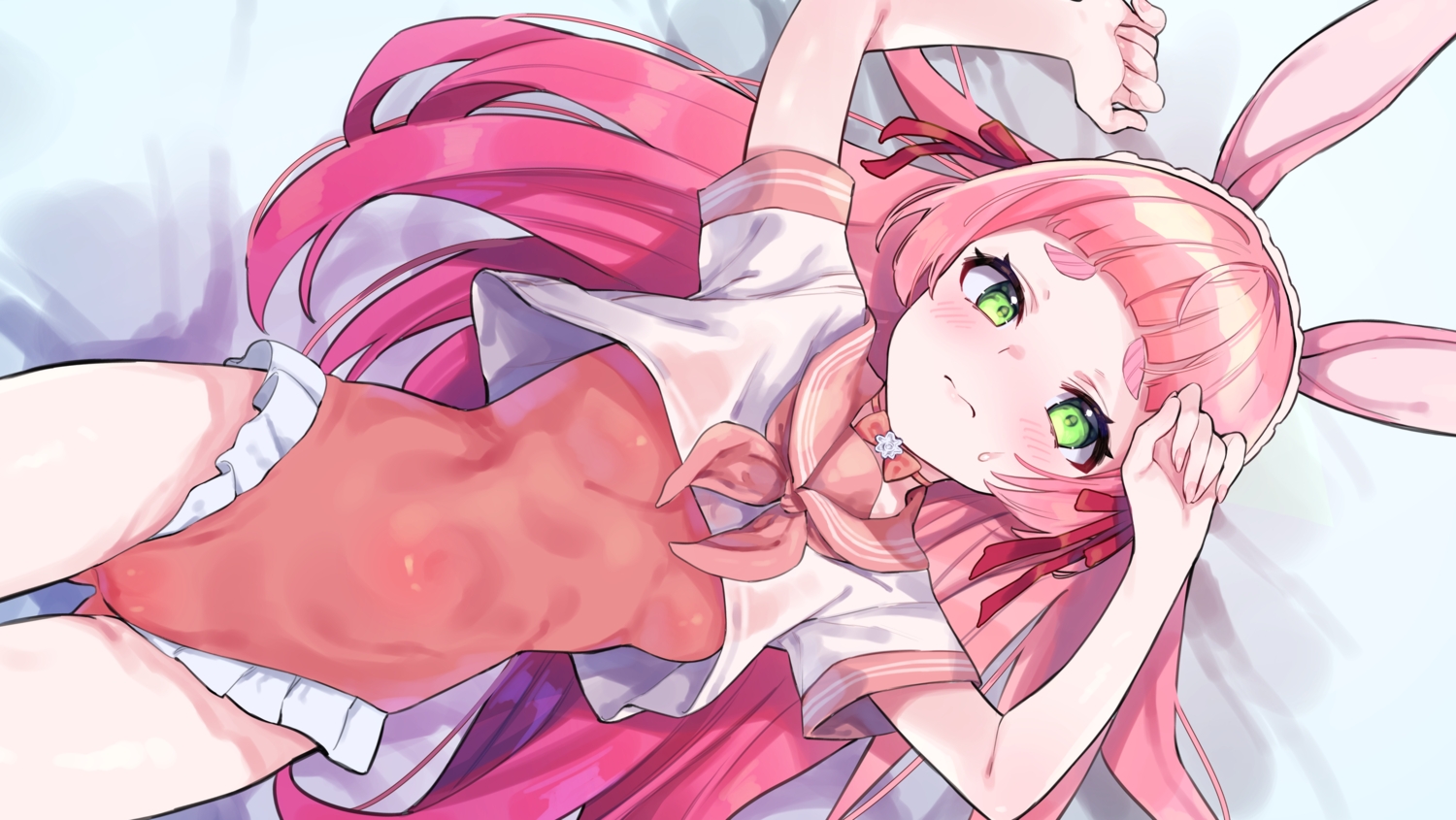 animal_ears, blush, bunny_ears, bunnygirl, cameltoe, green_eyes, long_hair, pink_hair, school_uniform, sutora_binsuke, swimsuit