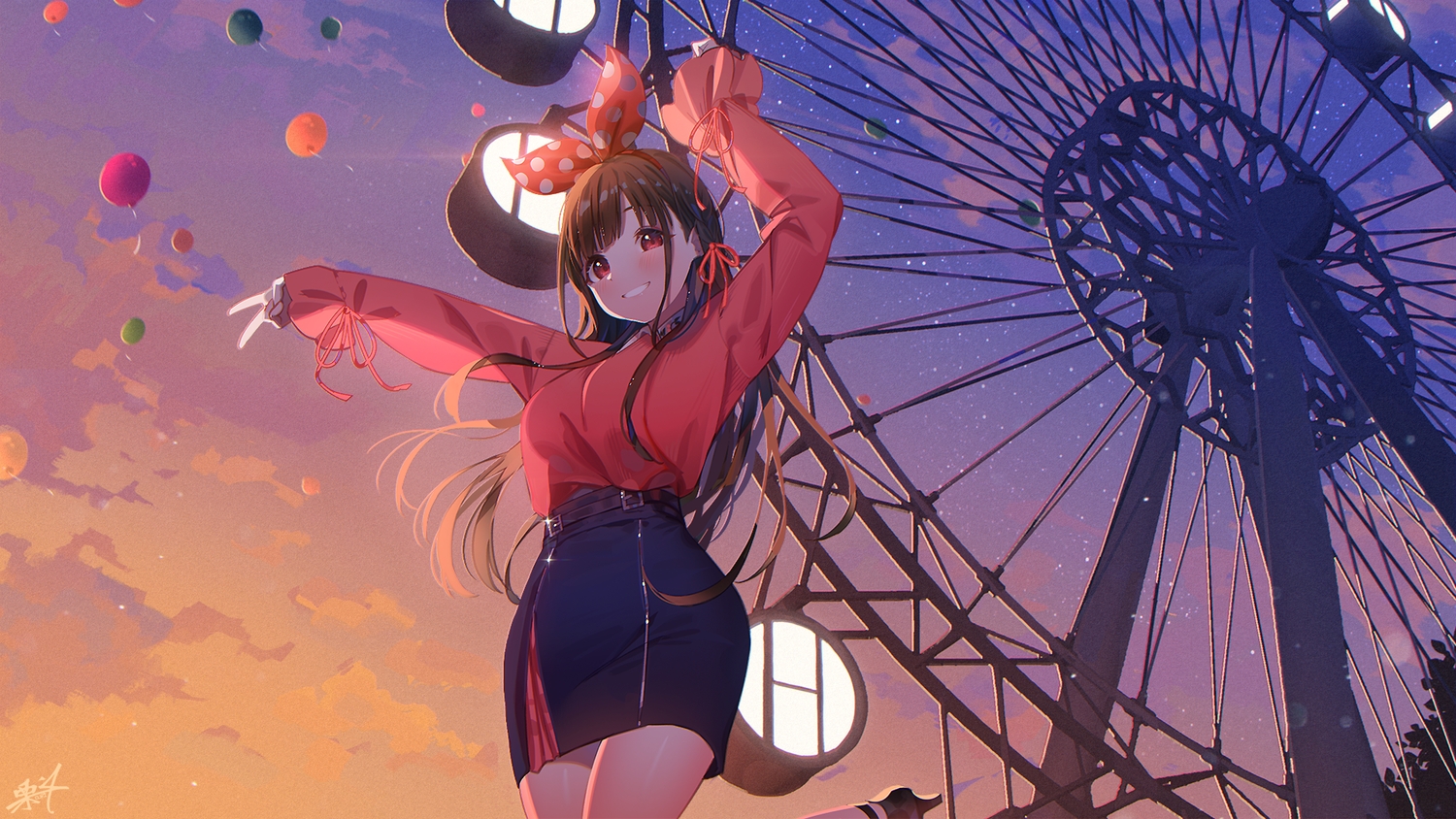 brown_hair, clouds, headband, idolmaster, idolmaster_shiny_colors, kuri_choko, long_hair, red_eyes, signed, skirt, sky, sonoda_chiyoko, sunset