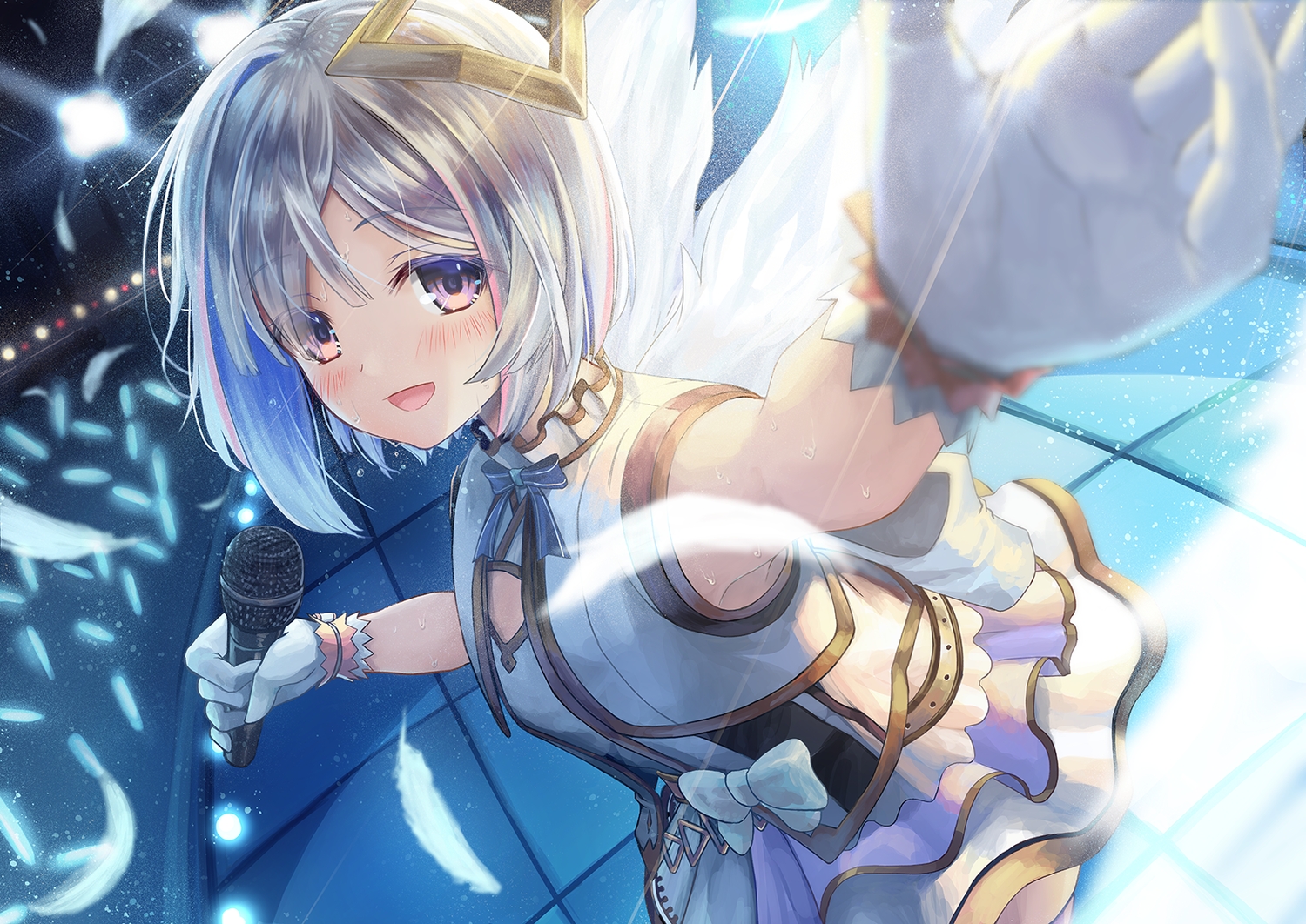 amane_kanata, angel, bow, feathers, gloves, gray_hair, hololive, microphone