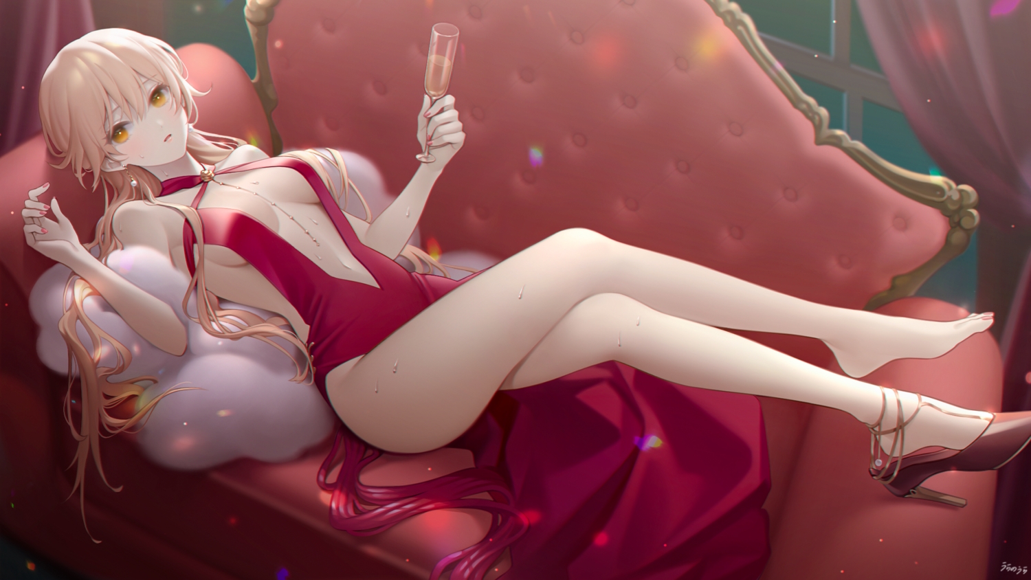 anthropomorphism, brown_hair, couch, dress, girls_frontline, long_hair, navel, no_bra, orange_eyes, ots-14_(girls_frontline), urano_ura