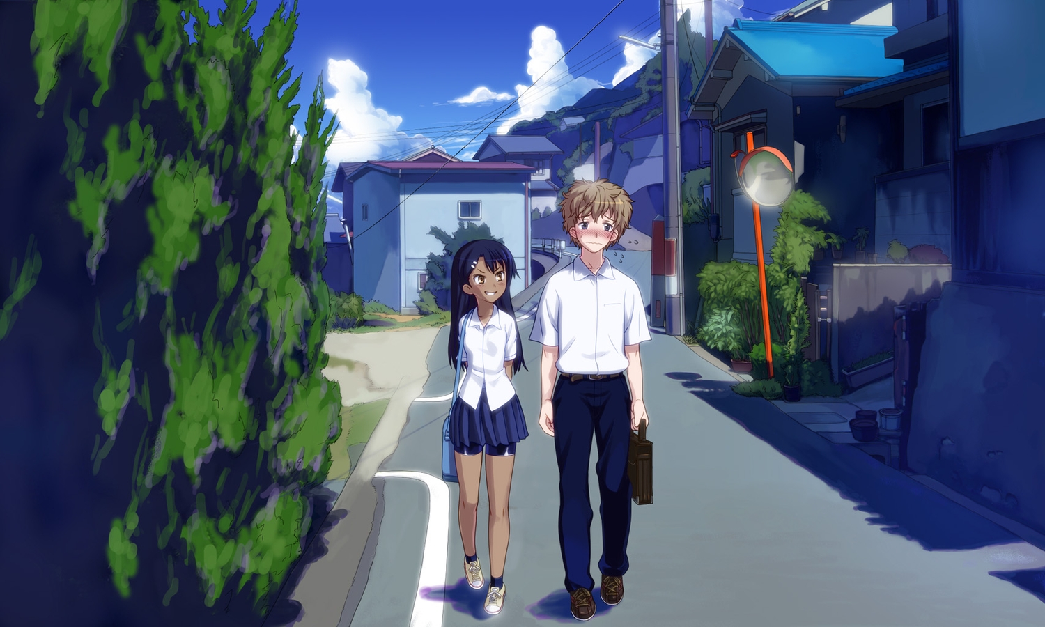 774_(nanashi), bike_shorts, black_hair, dark_skin, hachiouji_naoto, ijiranaide_nagatoro-san, long_hair, male, nagatoro_hayase, school_uniform, shorts