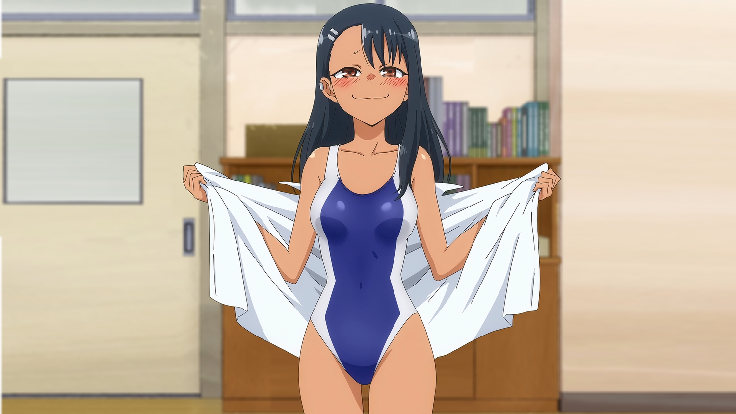 black_hair, blush, dark_skin, ijiranaide_nagatoro-san, long_hair, nagatoro_hayase, swimsuit, third-party_edit