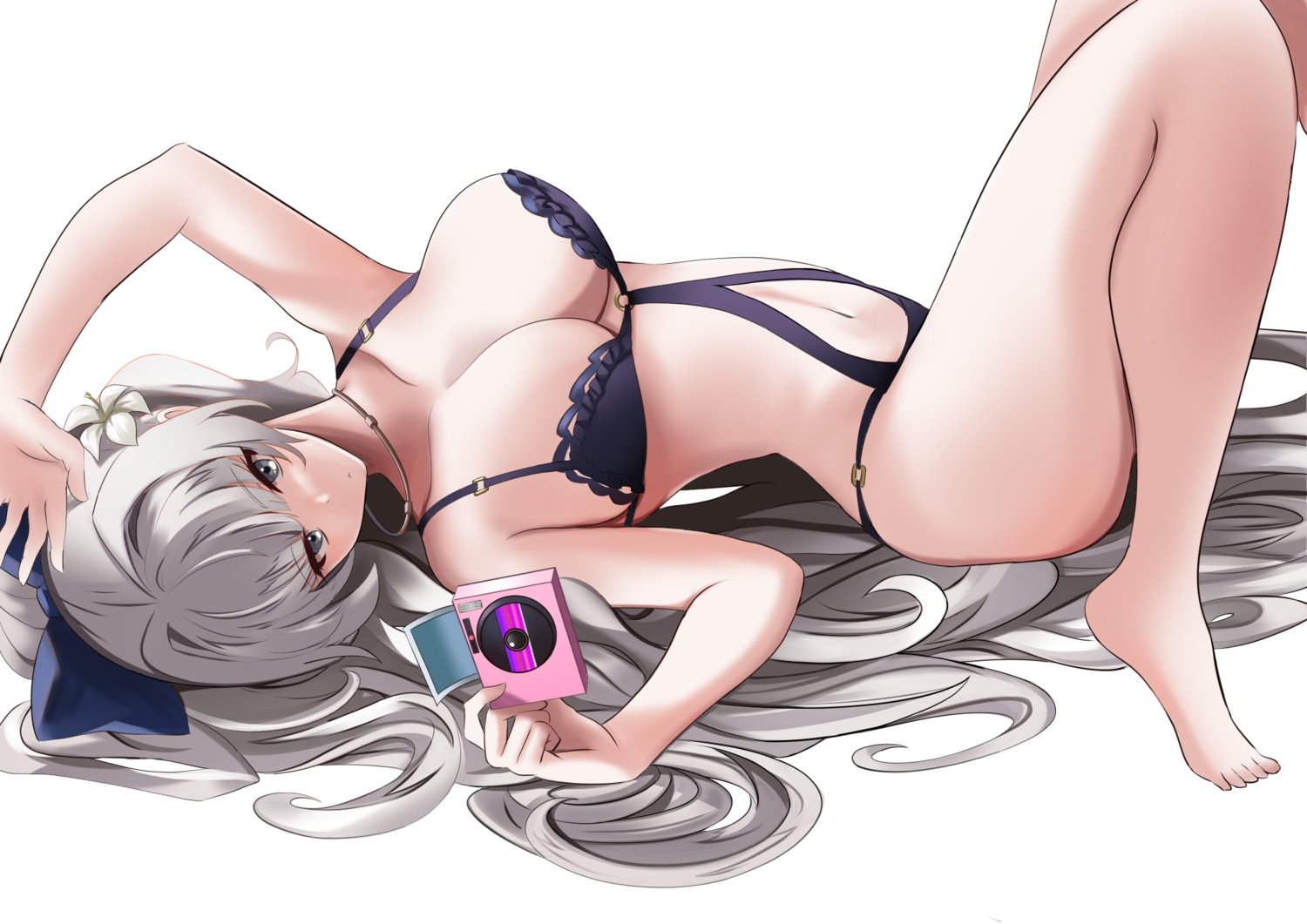 anthropomorphism, azur_lane, barefoot, camera, gray_hair, long_hair, manjirou_(manji_illust), navel, ponytail, swimsuit, vittorio_veneto_(azur_lane)